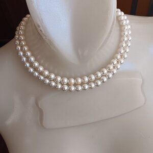 Vintage Double-Strand Faux Pearl 16" Necklace With Rhinestone Clasp